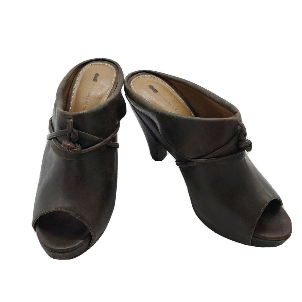 ANTHROPOLOGIE SCHULER SONS PEEP TOE PLATFORM‎ MULES SLIDES DISTRESSED LEATHER 8B